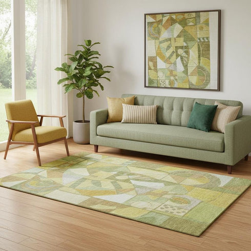 5' X 8' Fern Green Gold And Ivory Abstract Washable Area Rug With UV Protection