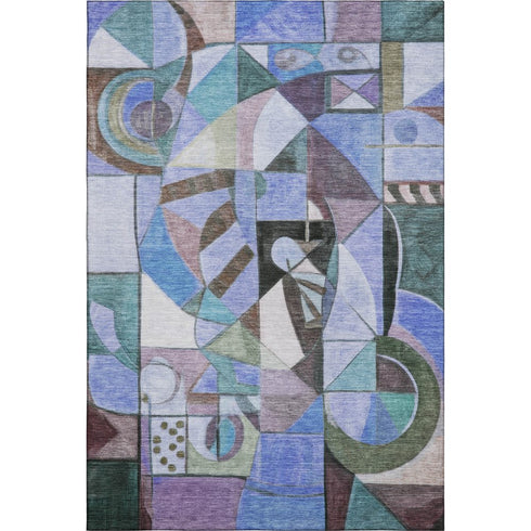 5' X 8' Green Blue And Ivory Abstract Washable Area Rug With UV Protection