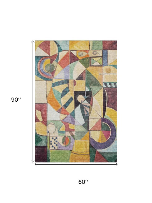 5' X 8' Gold Purple And Ivory Abstract Washable Area Rug With UV Protection