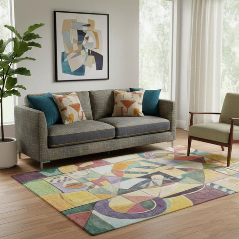 5' X 8' Gold Purple And Ivory Abstract Washable Area Rug With UV Protection