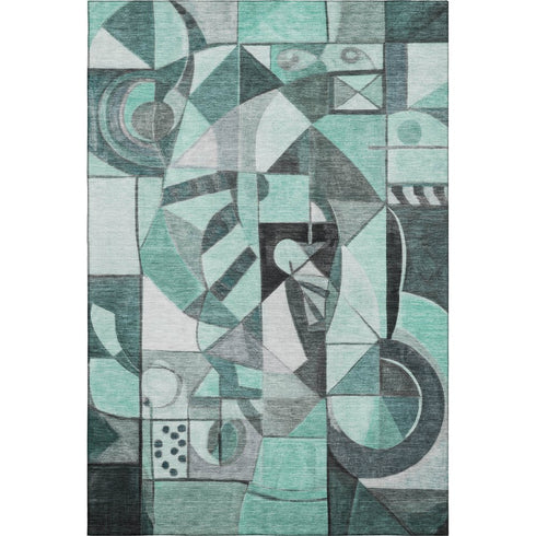5' X 8' Teal Black And Ivory Abstract Washable Area Rug With UV Protection