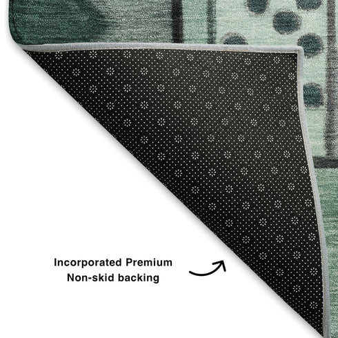 5' X 8' Teal Black And Ivory Abstract Washable Area Rug With UV Protection