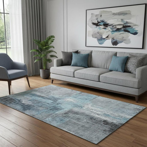 5' X 8' Blue And Gray Abstract Washable Area Rug With UV Protection