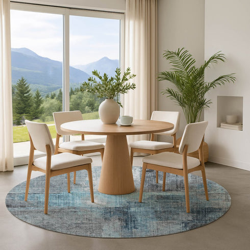 8' Blue And Gray Abstract Washable Round Rug With UV Protection