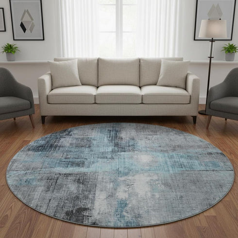 8' Blue And Gray Abstract Washable Round Rug With UV Protection