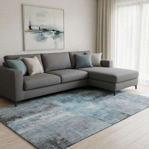 8' X 10' Blue And Gray Abstract Washable Area Rug With UV Protection