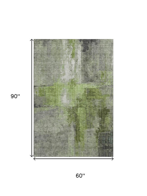 5' X 8' Fern Green And Gray Abstract Washable Area Rug With UV Protection