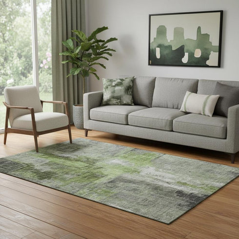 5' X 8' Fern Green And Gray Abstract Washable Area Rug With UV Protection