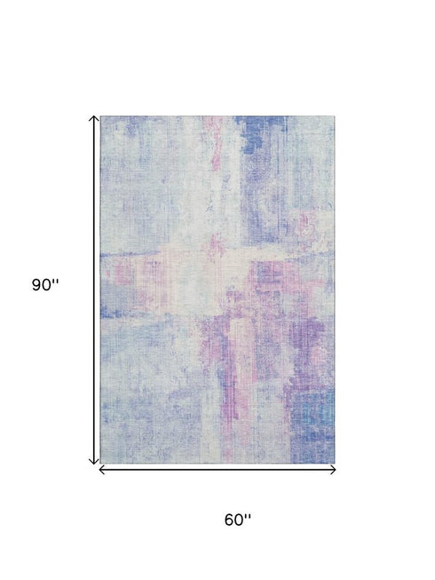 5' X 8' Sky Blue And Ivory Abstract Washable Area Rug With UV Protection