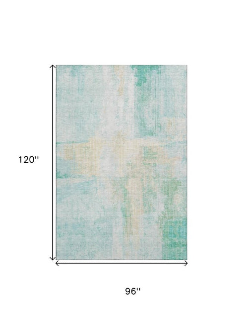 8' X 10' Teal And Ivory Abstract Washable Area Rug With UV Protection