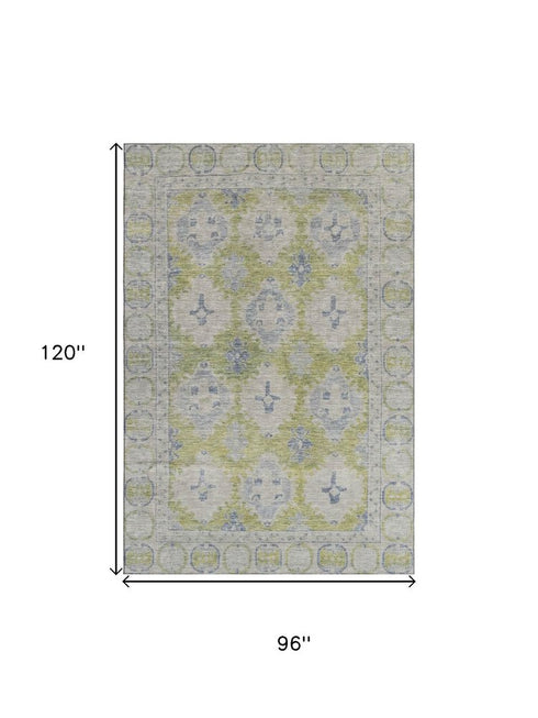 8' X 10' Artichoke Green And Blue Oriental Washable Area Rug With UV Protection