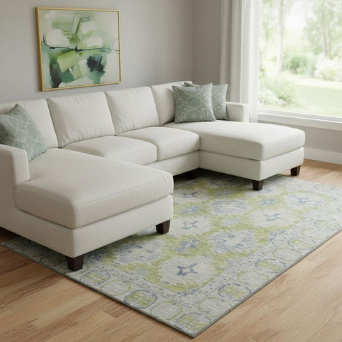 8' X 10' Artichoke Green And Blue Oriental Washable Area Rug With UV Protection