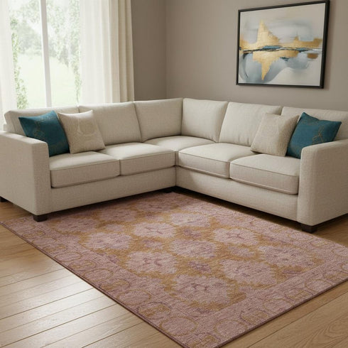 8' X 10' Blush And Orange Oriental Washable Area Rug With UV Protection