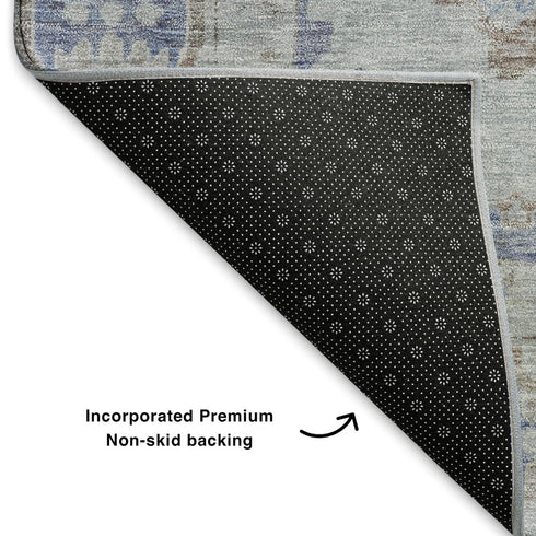 5' X 8' Blue And Brown Oriental Washable Area Rug With UV Protection