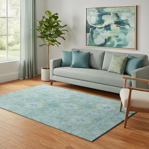 5' X 8' Teal And Aqua Oriental Washable Area Rug With UV Protection