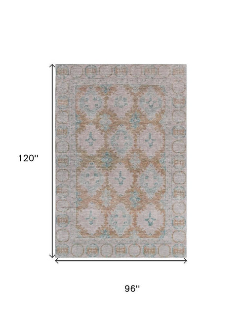 8' X 10' Terra Cotta And Teal Oriental Washable Area Rug With UV Protection