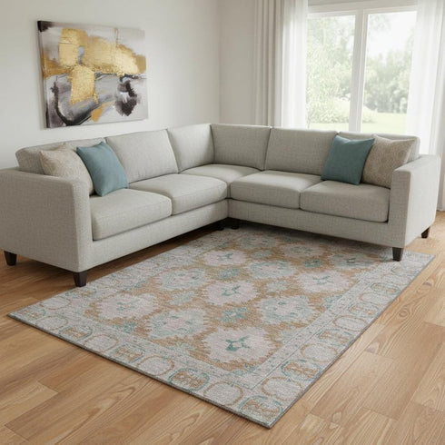 8' X 10' Terra Cotta And Teal Oriental Washable Area Rug With UV Protection