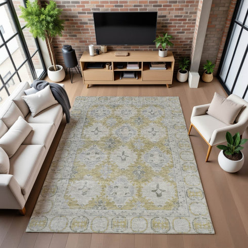 9' X 12' Wheat And Gray Oriental Washable Area Rug With UV Protection