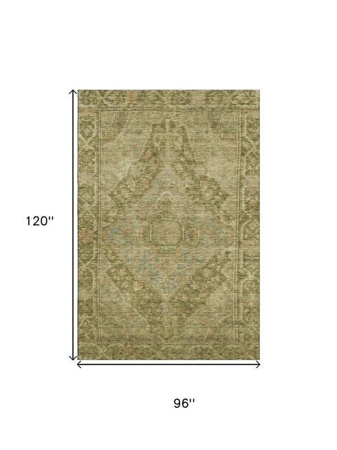 8' X 10' Artichoke Green And Beige Oriental Washable Area Rug With UV Protection