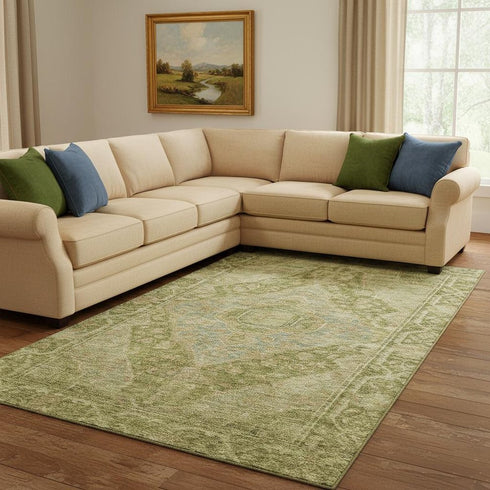 8' X 10' Artichoke Green And Beige Oriental Washable Area Rug With UV Protection