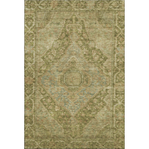 8' X 10' Artichoke Green And Beige Oriental Washable Area Rug With UV Protection