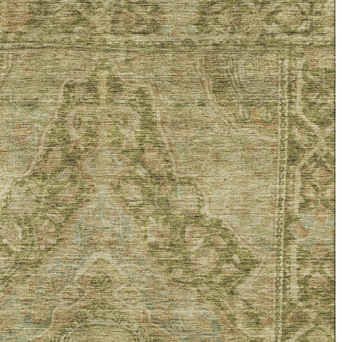 8' X 10' Artichoke Green And Beige Oriental Washable Area Rug With UV Protection