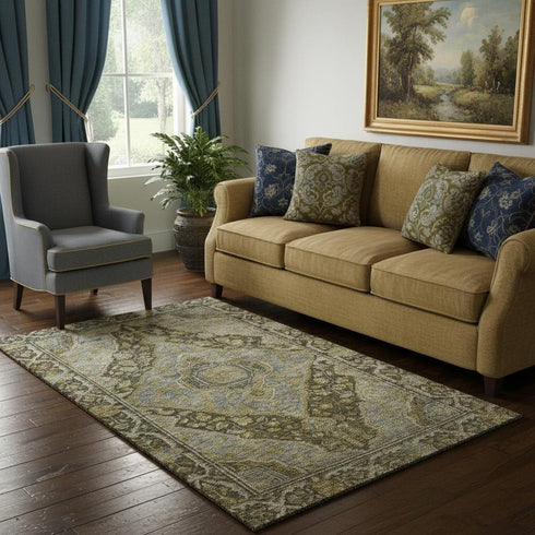 5' X 8' Brown And Gray Oriental Washable Area Rug With UV Protection