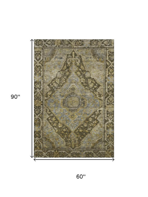 5' X 8' Brown And Gray Oriental Washable Area Rug With UV Protection
