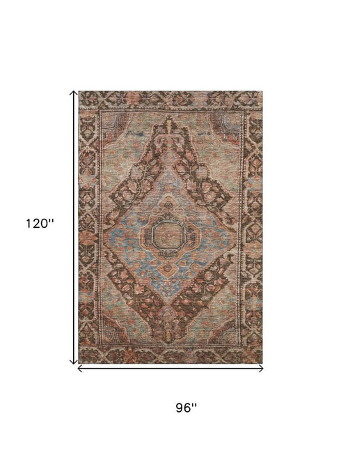 8' X 10' Chocolate And Blue Oriental Washable Area Rug With UV Protection