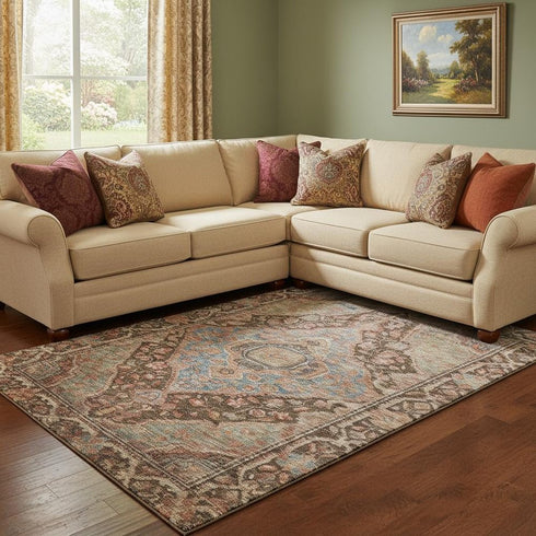 8' X 10' Chocolate And Blue Oriental Washable Area Rug With UV Protection