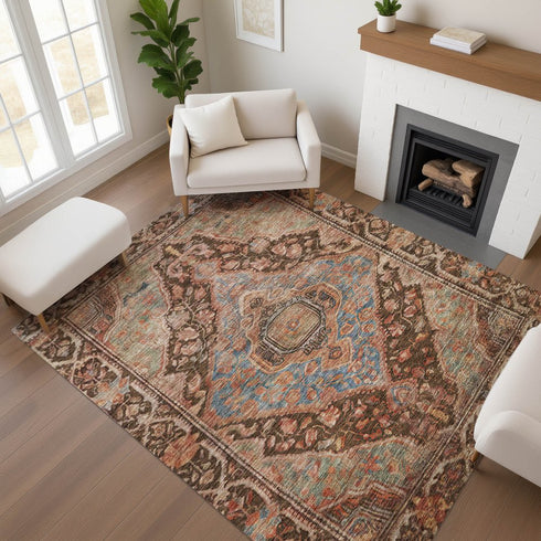 8' X 10' Chocolate And Blue Oriental Washable Area Rug With UV Protection
