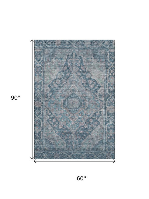 5' X 8' Denim Blue And Gray Oriental Washable Area Rug With UV Protection
