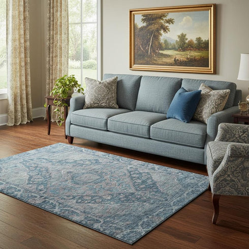 5' X 8' Denim Blue And Gray Oriental Washable Area Rug With UV Protection