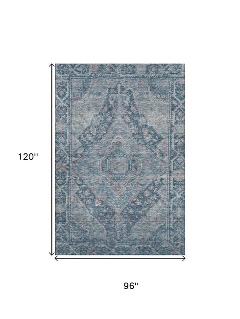 8' X 10' Denim Blue And Gray Oriental Washable Area Rug With UV Protection