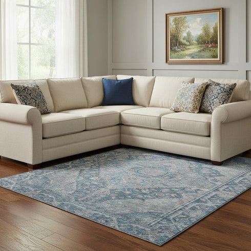 8' X 10' Denim Blue And Gray Oriental Washable Area Rug With UV Protection