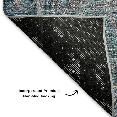 8' X 10' Denim Blue And Gray Oriental Washable Area Rug With UV Protection