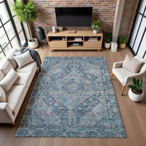 8' X 10' Denim Blue And Gray Oriental Washable Area Rug With UV Protection