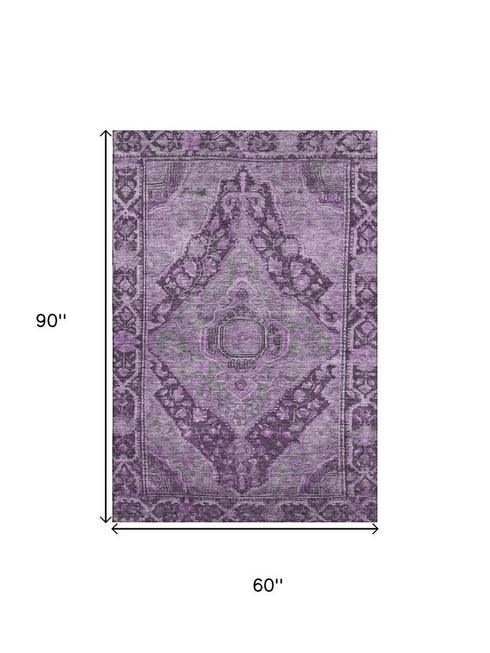 5' X 8' Eggplant And Gray Oriental Washable Area Rug With UV Protection