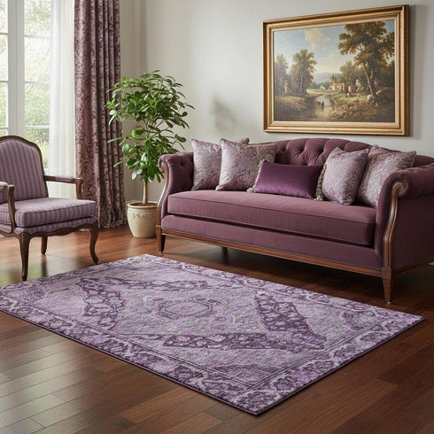 5' X 8' Eggplant And Gray Oriental Washable Area Rug With UV Protection