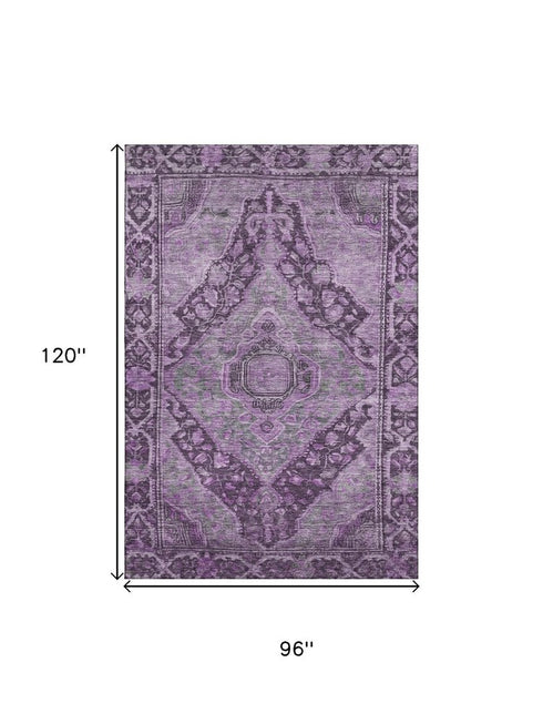 8' X 10' Eggplant And Gray Oriental Washable Area Rug With UV Protection