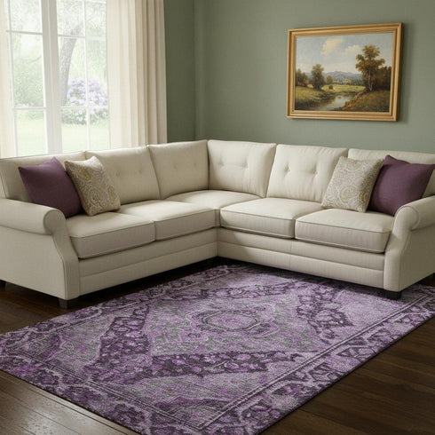 8' X 10' Eggplant And Gray Oriental Washable Area Rug With UV Protection