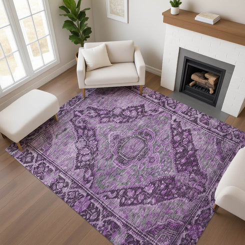 8' X 10' Eggplant And Gray Oriental Washable Area Rug With UV Protection