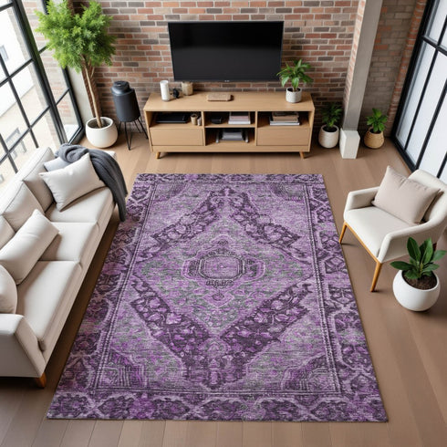 8' X 10' Eggplant And Gray Oriental Washable Area Rug With UV Protection