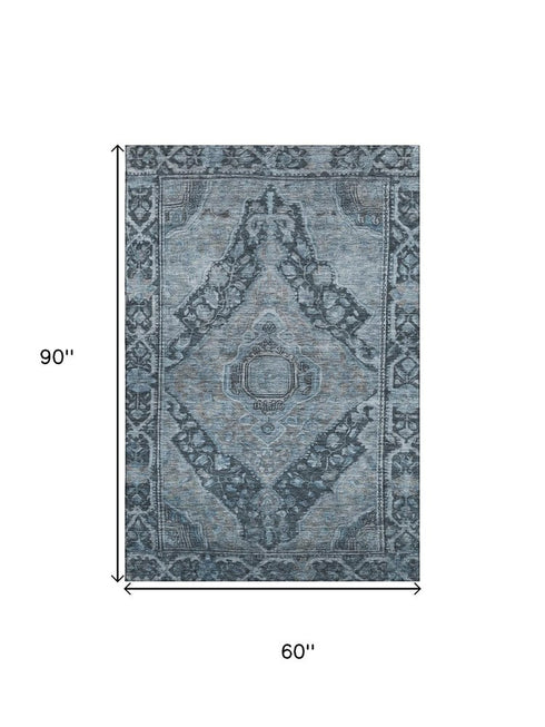 5' X 8' Navy Blue And Gray Oriental Washable Area Rug With UV Protection