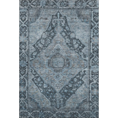 5' X 8' Navy Blue And Gray Oriental Washable Area Rug With UV Protection