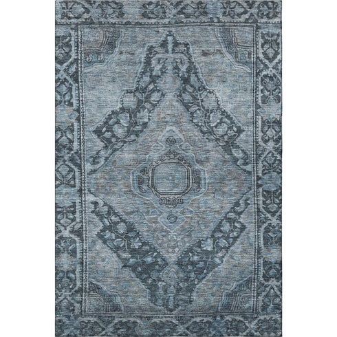 5' X 8' Navy Blue And Gray Oriental Washable Area Rug With UV Protection