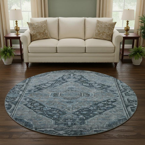 8' Navy Blue And Gray Oriental Washable Round Rug With UV Protection