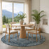 8' Navy Blue And Gray Oriental Washable Round Rug With UV Protection