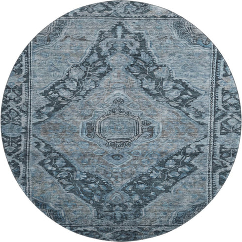 8' Navy Blue And Gray Oriental Washable Round Rug With UV Protection