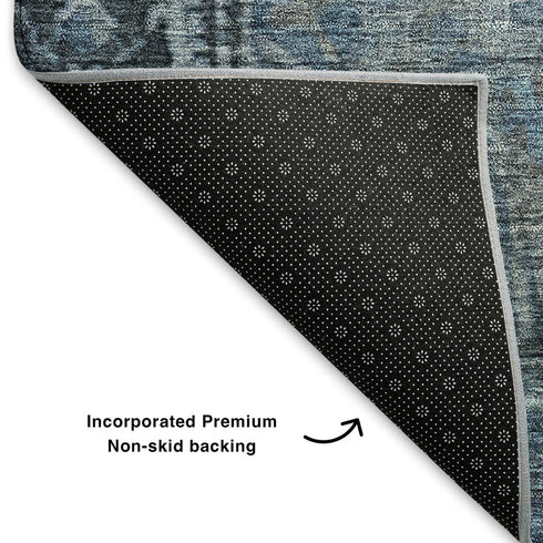 8' Navy Blue And Gray Oriental Washable Round Rug With UV Protection